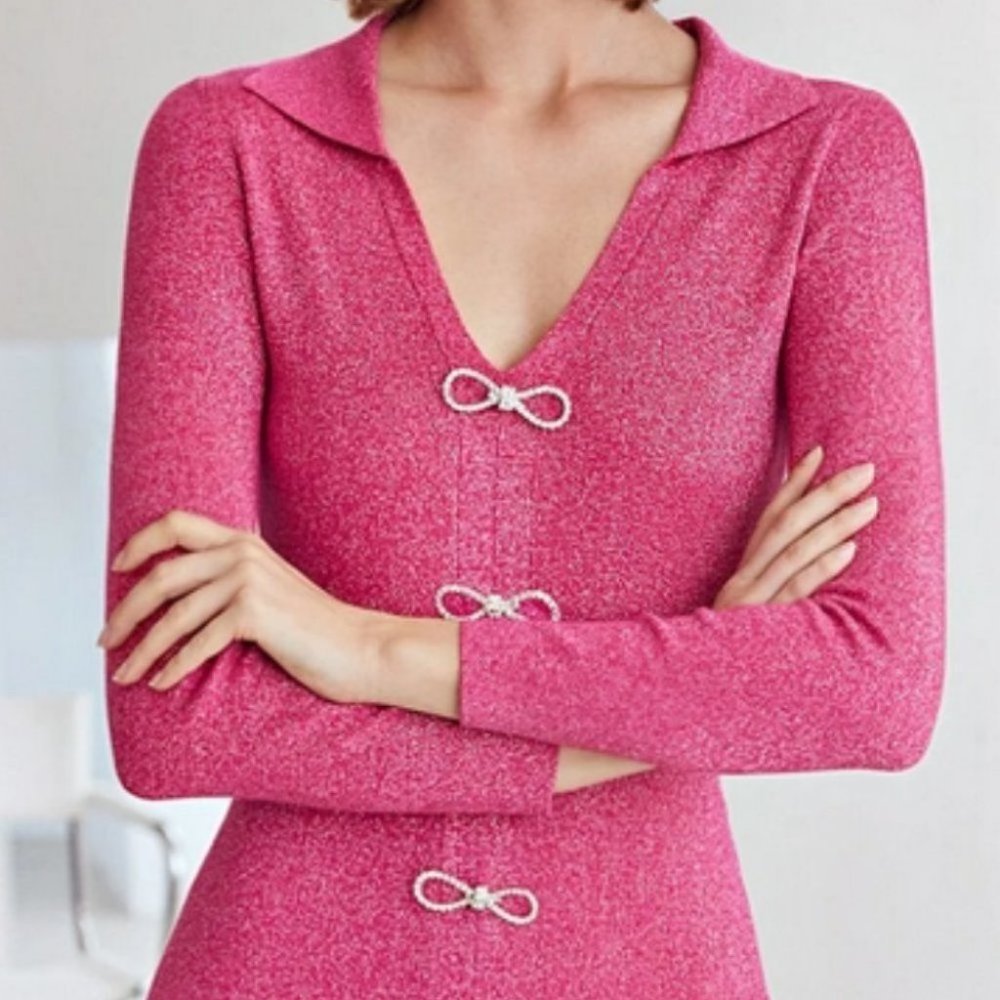 pink sparkle knit bow button detail split hem dress - Picture 2 of 10